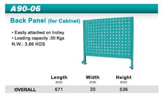 תמונה של לוח לתלייה של כלי עבודה וכלים . הלוח מתחבר בקלות לארון / עגלת כלי עבודה ומידותיו : אורך 671 מ"מ רוחב 20 מ"מ גובה 536 מ"מ ווירלפאוור