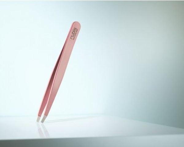 Picture of High-quality cosmetic tweezers made of pink epoxy-coated stainless steel in classic design with fine straight tips.