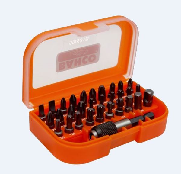 Picture of 31 pcs bit set for slotted, Phillips, Pozidriv, TORX®, Hexagon head screws, bit holder and socket adaptor 1/4"