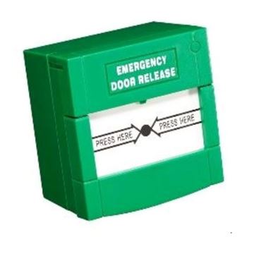 Picture of green break glass button for emergency exit fire door 110G