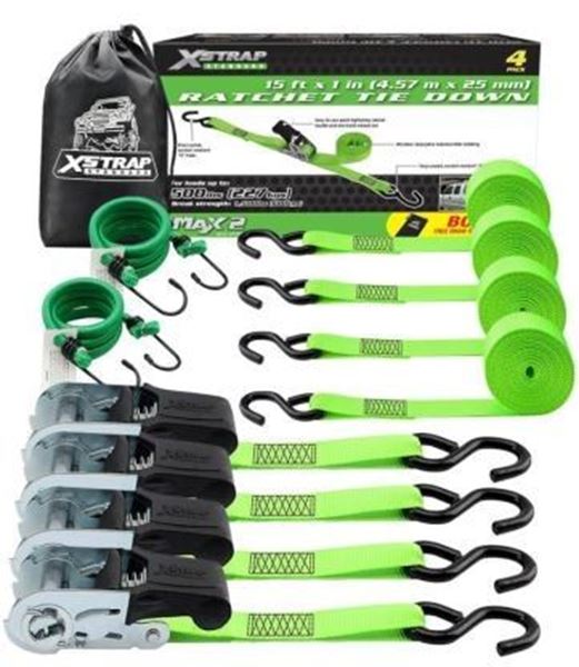 Picture of 4PK 1" x 15' Ratchet Tie-down Straps+ 2 Bungee Cord